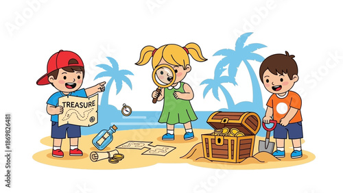 Children on a treasure hunt adventure at the beach.