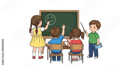 Children learning and drawing on a blackboard in a classroom.