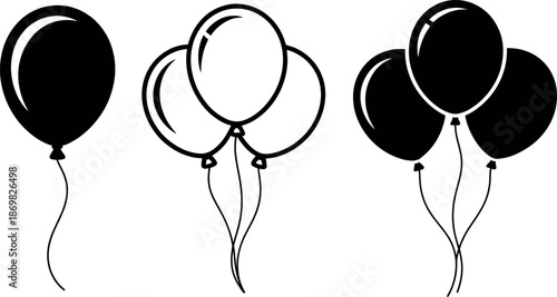 Simple graphic illustrations of black and white balloons on transparent backgrounds representing party celebrations and fun occasions