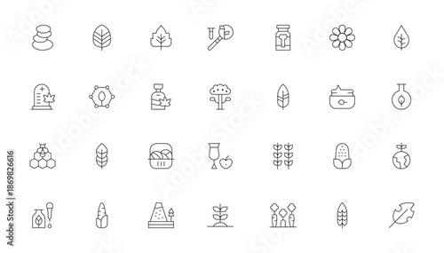 Collection of Minimalist Line Icons Depicting Natural Elements and Plants.