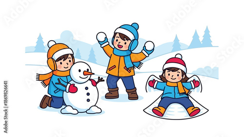 Children Playing in the Snow Building a Snowman and Having a Snowball Fight.