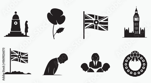 British Remembrance Day Memorial and Tribute Silhouette Icon Set