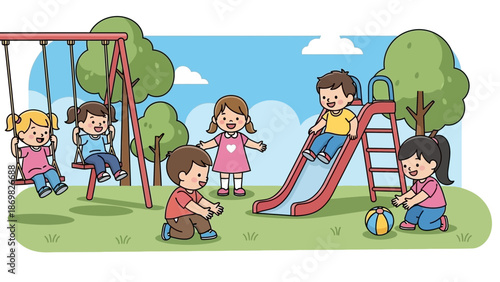 Children playing on a playground with swings and a slide.
