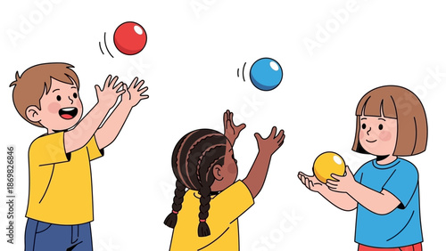 Children playing with colorful balls outdoors.