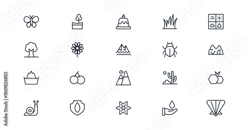 Collection of Minimalist Nature Line Icons Depicting Plants Animals and Landscapes.