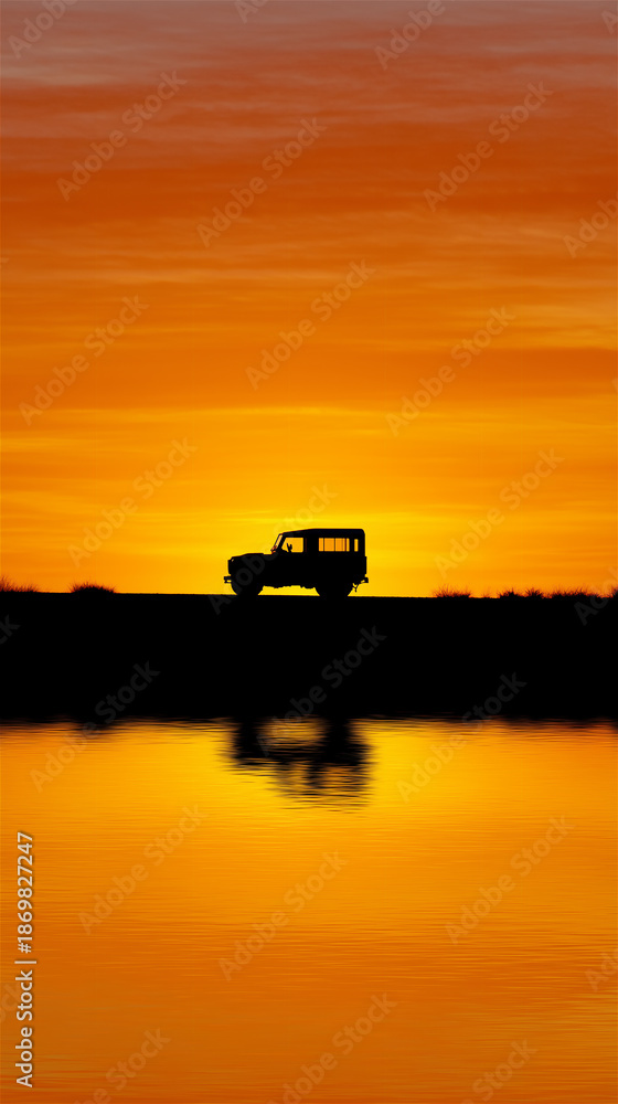 Fototapeta premium Silhouette of an off-road vehicle on the horizon at vibrant orange sunset with water reflection. Adventure travel, road trip freedom, minimal landscape, calm mood, and copy space background.