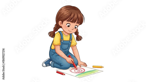 Cute little girl drawing on paper with crayons.