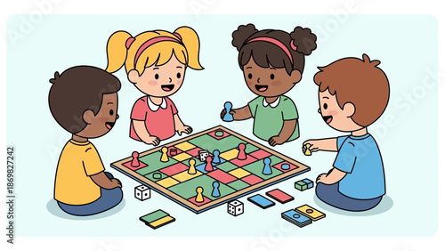 Diverse group of children playing a board game together.