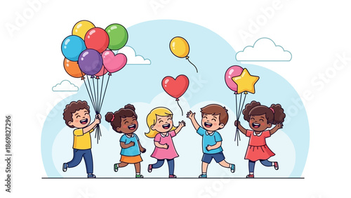 Diverse group of happy children holding colorful balloons.