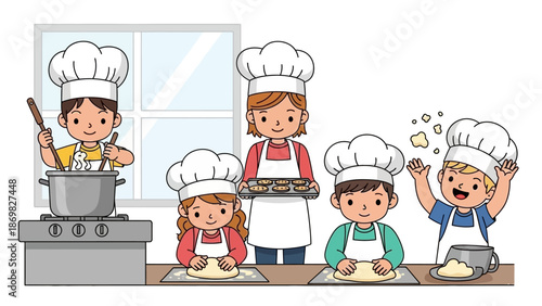 Happy children and teacher cooking together in a kitchen, learning to bake and prepare food.