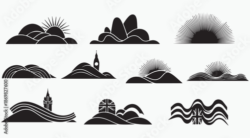 Abstract British Landscape Sunrise and National Symbol Silhouette Set