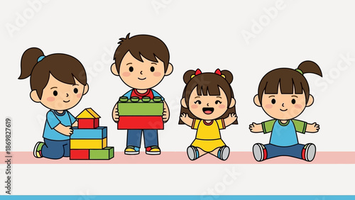 Happy diverse children playing with colorful building blocks.