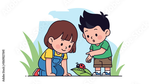 Two children curiously observing a ladybug on a leaf in a grassy field.