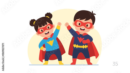 Two happy kids dressed as superheroes ready to save the day.
