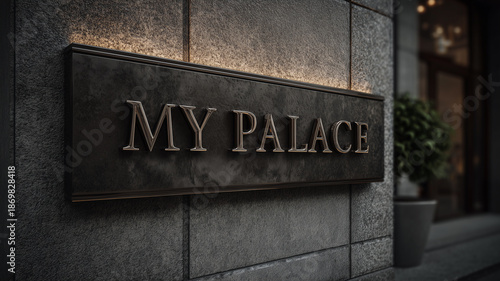 A luxurious entrance sign reading My Palace engraved in polished metal, surrounded by elegant stone textures and subtle ambient lighting