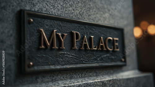 A luxurious entrance sign reading My Palace engraved in polished metal, surrounded by elegant stone textures and subtle ambient lighting
