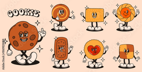 Set of groovy cookies characters in retro style.
