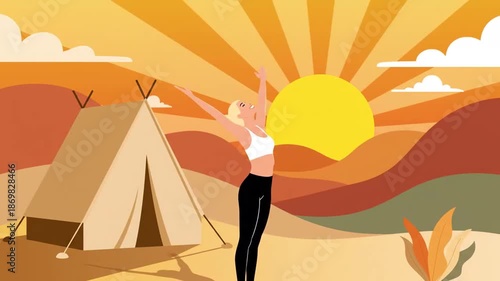 Happy Girl Doing Yoga Outdoor Near Tent On A Summer Camping Trip