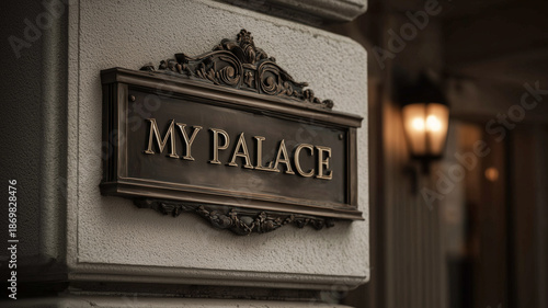 A luxurious entrance sign reading My Palace engraved in polished metal, surrounded by elegant stone textures and subtle ambient lighting