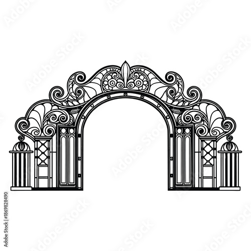 Ornate Wrought Iron Gate Arch – Decorative Scrollwork Vector
