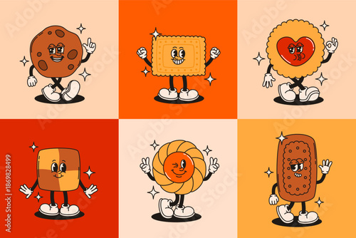 Mascot cookie characters in retro groovy style.