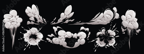 Dynamic White Smoke Bursts Forming Abstract Shapes.