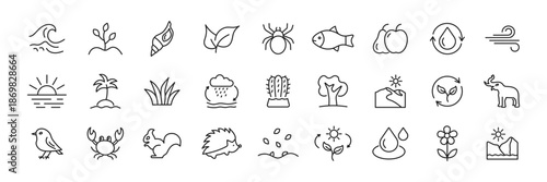 Collection of Simple Line Drawing Icons Depicting Animals Plants and Nature Symbols.