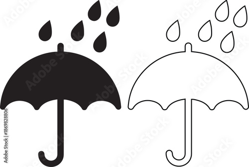 Umbrella icon vector set featuring black silhouette and linear outline symbols with falling rain drops representing weather protection, storm safety and autumn season isolated on white.