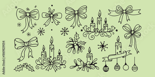 Set of black vector floral design elements featuring seamless nature ornaments with flowers, butterflies, and decorative ribbon silhouettes for tattoo art and Christmas patterns