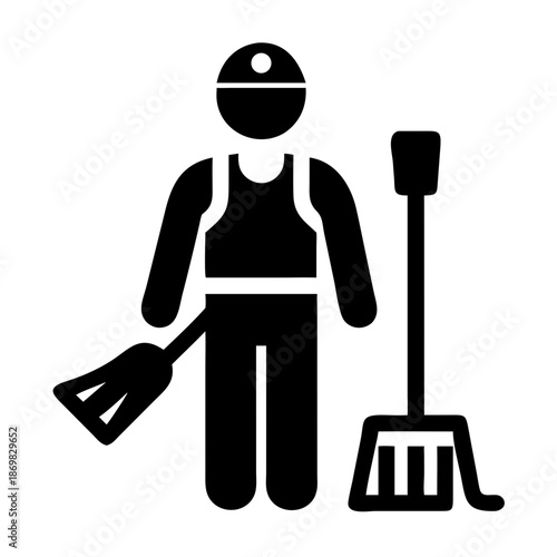 Professional cleaner icon with broom and dustpan representing hygiene and maintenance