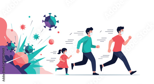 Flat vector illustration of a family wearing protective face masks running away from giant coronavirus particles during a pandemic.