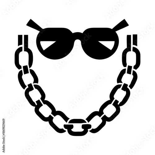 Stylish black sunglasses combined with a heavy chain necklace in a bold icon design