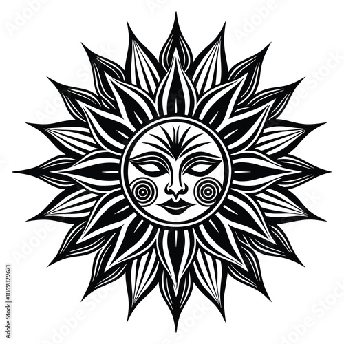 Decorative Sun Face Silhouette with Symmetrical Flame Rays