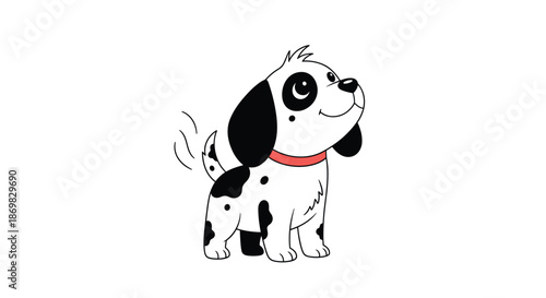A happy and playful dalmatian puppy with black spots and a red collar looks up while wagging its tail enthusiastically.