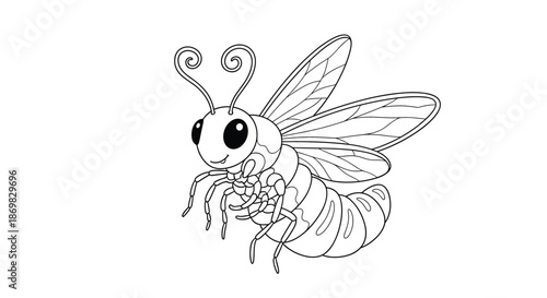 A cute and friendly bee with large eyes and curly antennae is illustrated in black and white line art for a kids coloring book.
