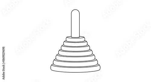 A black and white line art illustration of a classic children's pyramid stacking ring toy for coloring pages and activities.