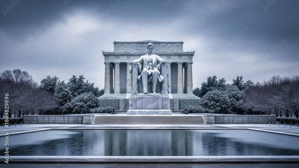 Obraz premium Lincoln Memorial statue and Reflecting Pool in winter snow