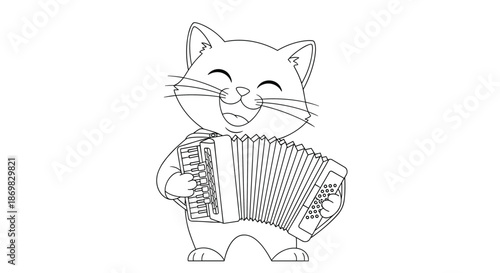 A joyful cartoon cat is happily playing a large accordion in a black and white line art illustration for a coloring book.
