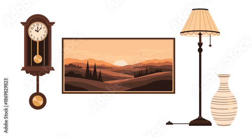 A collection of vintage home decor items including a pendulum wall clock a landscape painting a floor lamp and a ceramic vase.