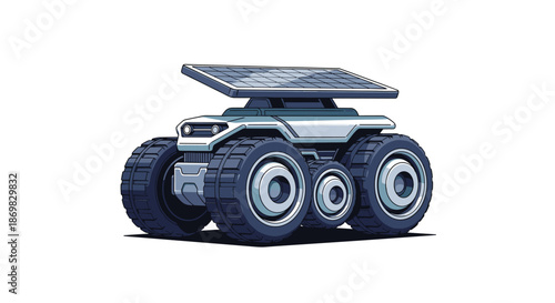 A compact futuristic mars or moon exploration rover with four large wheels and a solar panel ready for a planetary mission.