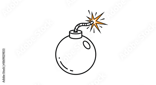A simple black and white line art illustration of a classic round cartoon bomb with a lit fuse and a spark ready to explode.