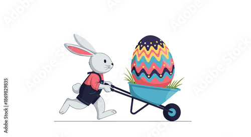 A cute Easter bunny wearing overalls runs while pushing a wheelbarrow carrying a large beautifully decorated and painted Easter egg.