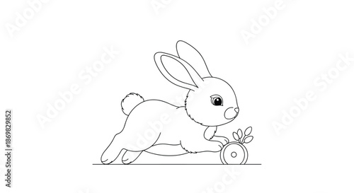 A cute rabbit rides a scooter made from a willow branch in a black and white line art illustration for a coloring page.
