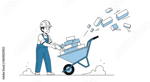 A construction worker in a hard hat and overalls is loading bricks into a wheelbarrow at a building site in this illustration.