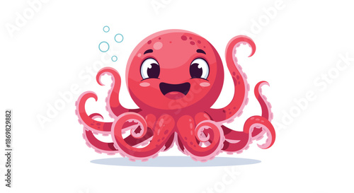 A very happy and cute cartoon octopus with large friendly eyes and curling tentacles smiles cheerfully on a white background.