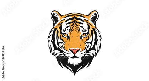 A majestic and powerful tiger's head is looking forward with intense eyes in this detailed vector mascot or logo illustration.