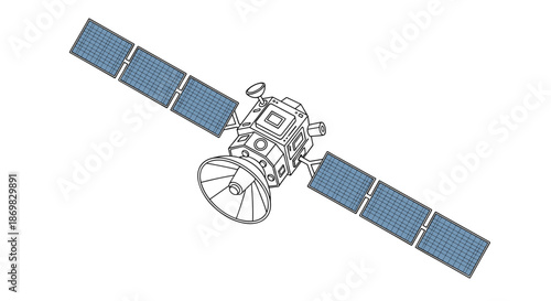 A detailed line art illustration of an artificial communication satellite with large solar panels deployed in space for transmission.