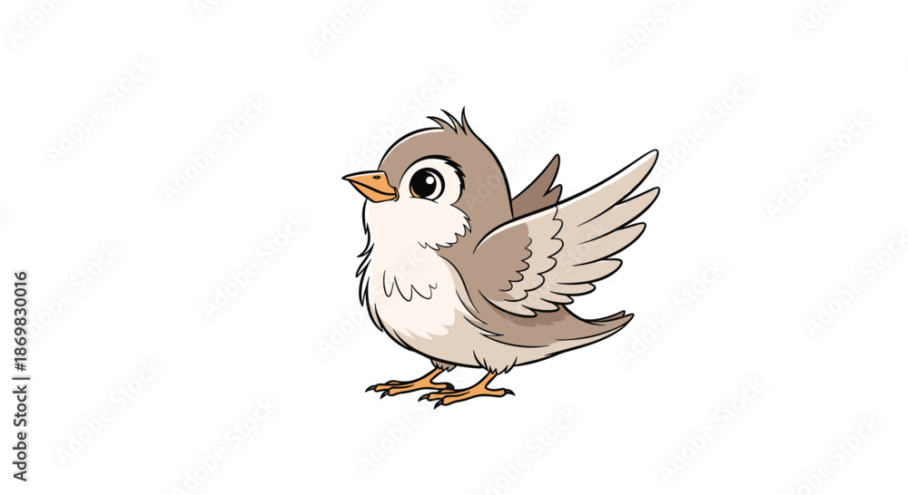 Fototapeta premium Adorable baby sparrow with large expressive eyes and fluffy brown feathers flapping its wings in a charming cartoon vector illustration.