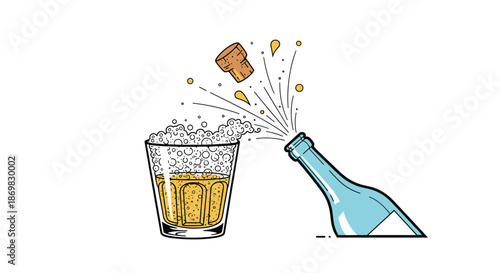 Champagne bottle popping its cork with a splash of fizz pouring into a glass in a celebratory hand-drawn doodle style illustration.
