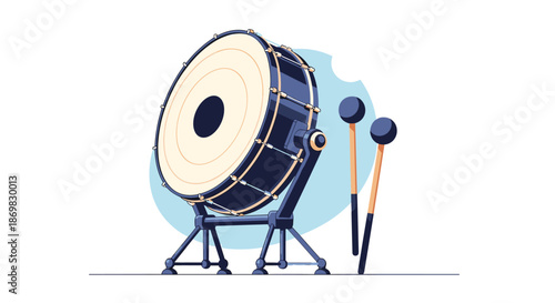 Large blue bass drum on a stand with two mallets ready for a beat in a clean flat vector style illustration on a white background.